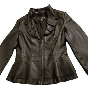 White House Black Market Black 100% Leather Victorian Ruffled Lapel Jacket XS